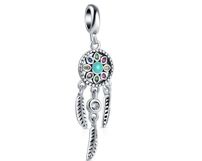 Colorful Dream feather catcher Triple Dangle bead dangle charm for women bracelet S925 Sterling Silver For Women / friend birthday gifts