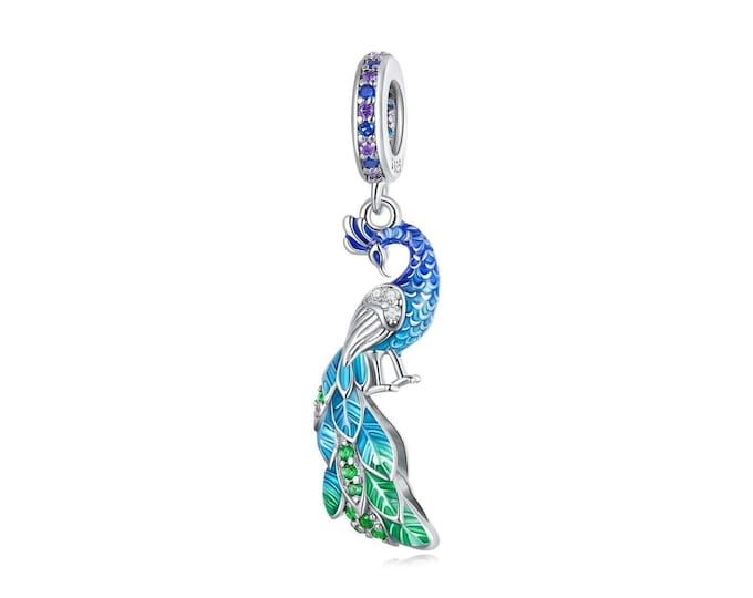 Blue Enchanting Peacock Dangle charm for women bracelet S925 Sterling Silver Gifts For Women / friend birthday Gifts