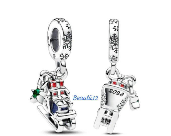 Christmas Sleigh dangle charm for women bracelet S925 Sterling Silver Gifts For Women / friend birthday ,Gifts, fits snake bracelet