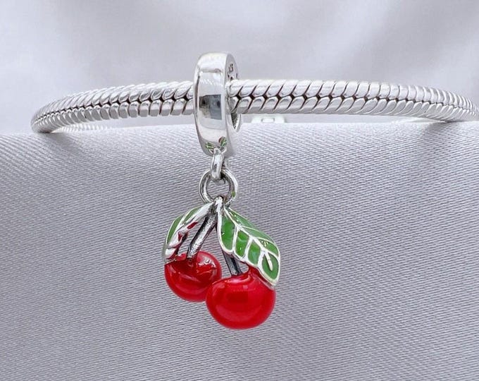 fruit Red Cherry heart leaf bead dangle charm for women bracelet S925 Sterling Silver Gifts For Women / friend birthday gifts
