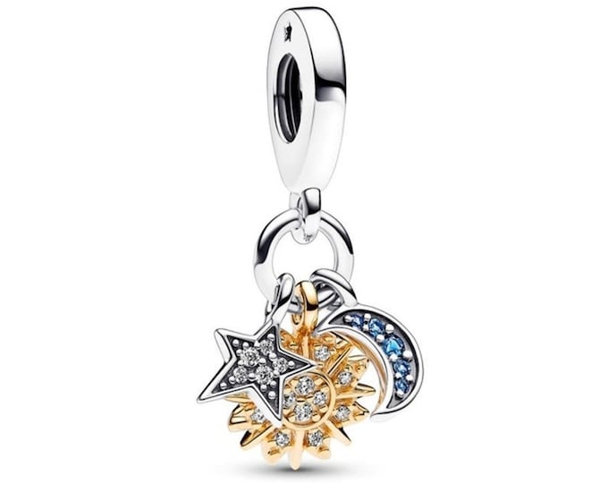 two-tone celestial triple dangle charm for women bracelet S925 Sterling Silver Gifts For Women / friend birthday ,Gifts, fits snake bracelet
