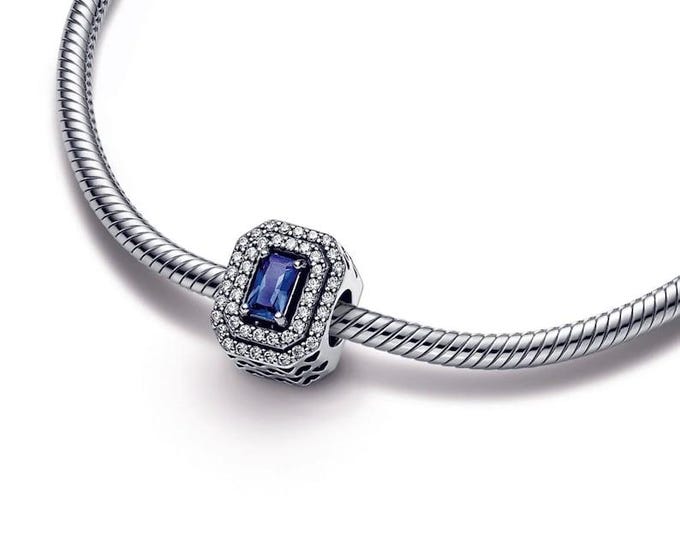 Blue Sparkling Levelled Rectangular bead charm for women bracelet S925 Sterling Silver Gift, fits snake bracelet, Christmas charm