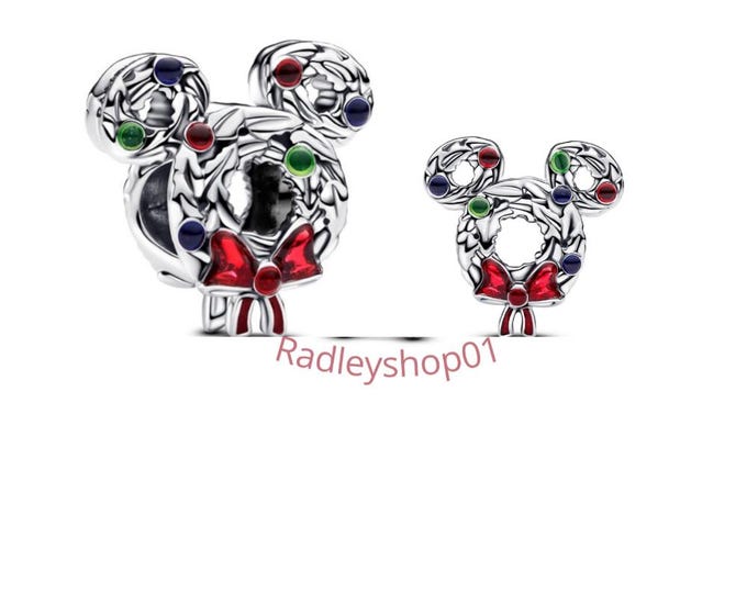 Mickey Mouse Christmas Wreath Charm Dangle charm for women bracelet S925 Sterling Silver  / friend birthday gifts, Christmas gift. for her