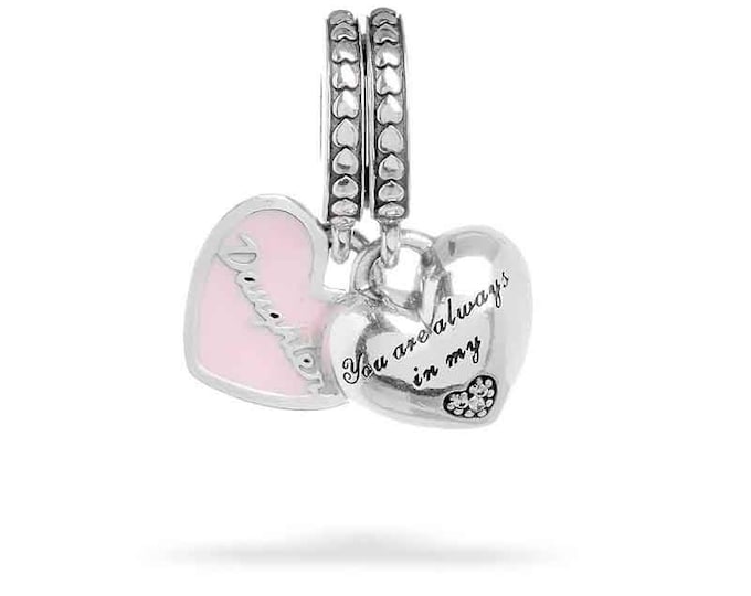 Mother daughter pink heart Mom, mom double dangle bead charm for women bracelet S925 Sterling Silver Gift For Women / friend birthday Gifts