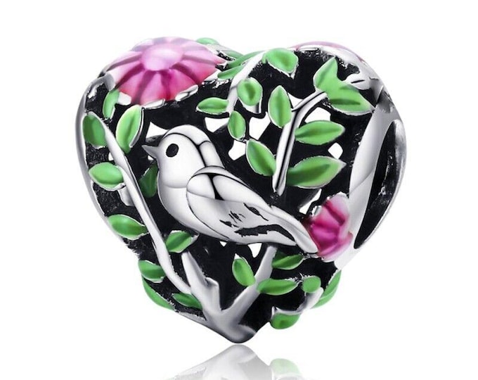 Bird in Woods Heart bead charm for women bracelet S925 Sterling Silver Gifts For Women / friend birthday Gifts