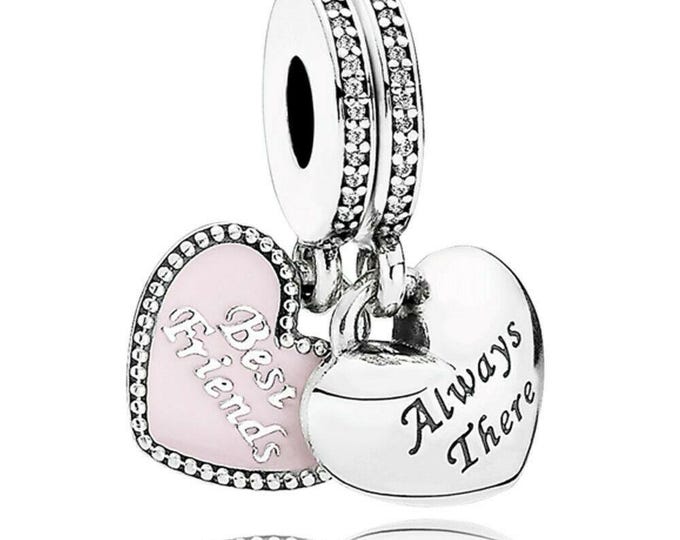 Best friend always there pink heart double dangle bead charm for women bracelet S925 Sterling Silver Gift For Women / friend birthday Gifts