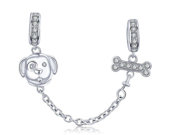 Dog and Bone Safety Chain bead dangle charm for women bracelet S925 Sterling Silver Gifts For Women / friend birthday gifts