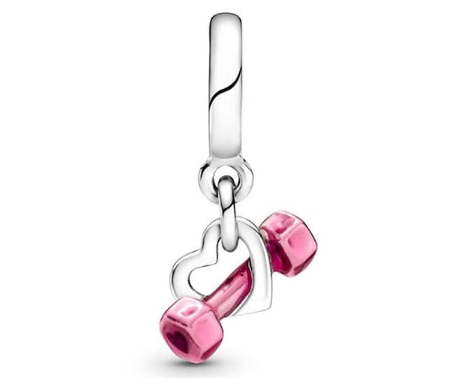 Dumbbell and Heart Dangle charm for women bracelet S925 Sterling Silver Gift, friend birthday gift, fits snake bracelet, Christmas charm