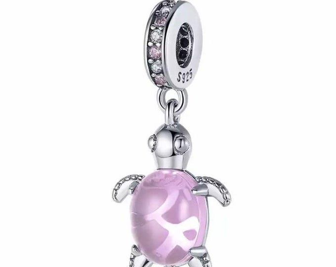 Pink Murano glass Turtle dangle charm for women bracelet S925 Sterling Silver Women friend birthday, fits snake bracelet, Christmas charm