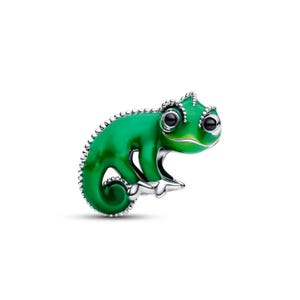 May include: A green chameleon charm with a glossy finish. The charm has black eyes and silver-coloured accents. The chameleon is curled up, with its tail forming a spiral. The charm is likely made of metal.
