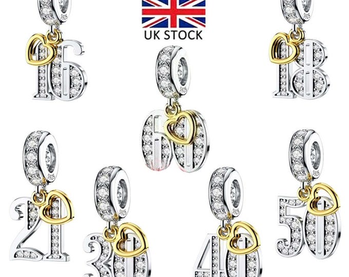 Golden tag Birthday dangle 13th,15th, 16th, 18th, 30th, 40th, 60th  charm for women bracelet S925 Sterling Silver Gifts For friend birthday
