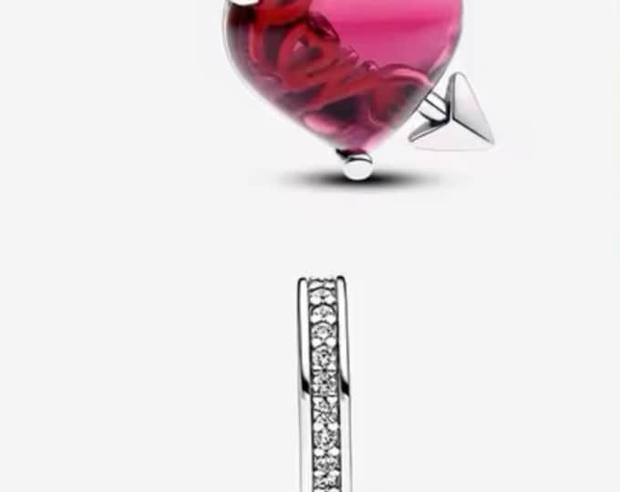 Red heart add arrow Murano Glass dangle charm for women bracelet S925 Sterling Silver, birthday gift, fits snake bracelet, Christmas charm