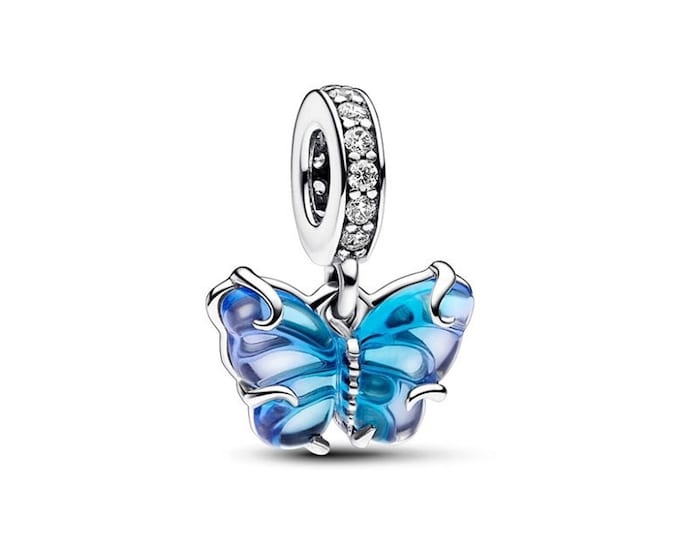 Blue Murano Glass Butterfly dangle charm for women bracelet S925 Sterling Silver Gifts For Women, friend birthday fits snake bracelet