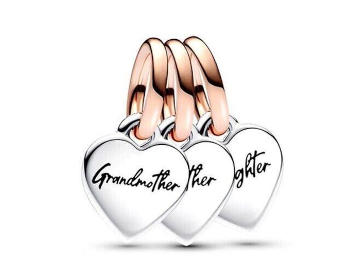 Grandmother, Mother daughter heart triple dangle charm sterling silver for women bracelet , friend birthday gift, Christmas charm