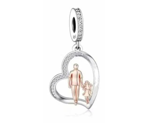Father Daughter Heart dangle bead charm for women jewelry bracelet S925 Sterling Silver friend birthday gifts, mother, daughter, niece ,mom