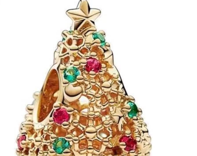 Glitter Christmas Tree Charm bead for women bracelet S925 Sterling Silver Gifts For Women / friend birthday ,Gifts, fits snake bracelet