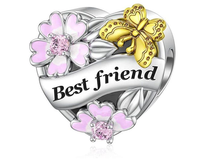 Best Friend Flower & Butterfly Heart  charm for women bracelet S925 Sterling Silver Gifts For Women / friend birthday gifts
