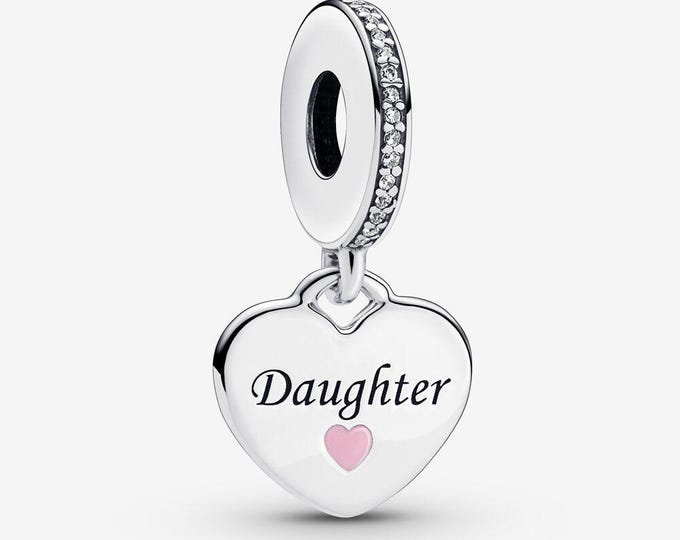 Daughter pink heart dangle charm sterling silver for women bracelet , friend birthday gift, Christmas charm