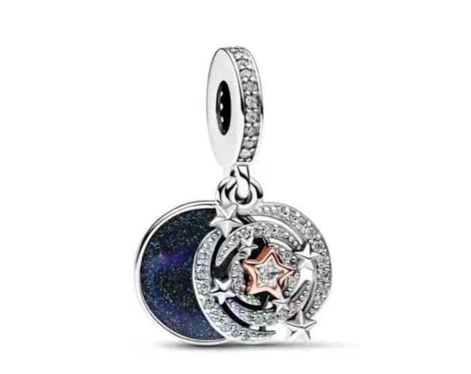 New star moon galaxy dangle Charm Christmas Occasions bead for women bracelet S925 Sterling Silver Women jewelry, friend birthday Gifts