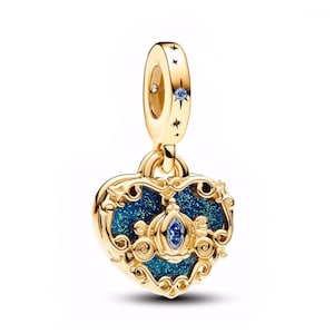 Cinderella Carriage Heart Dangle Charm, S925 Sterling Silver Bead