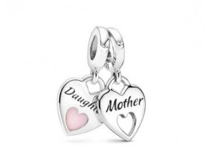 Mother daughter pink heart Mom, mom double dangle bead charm for women bracelet S925 Sterling Silver Gift For Women / friend birthday Gifts