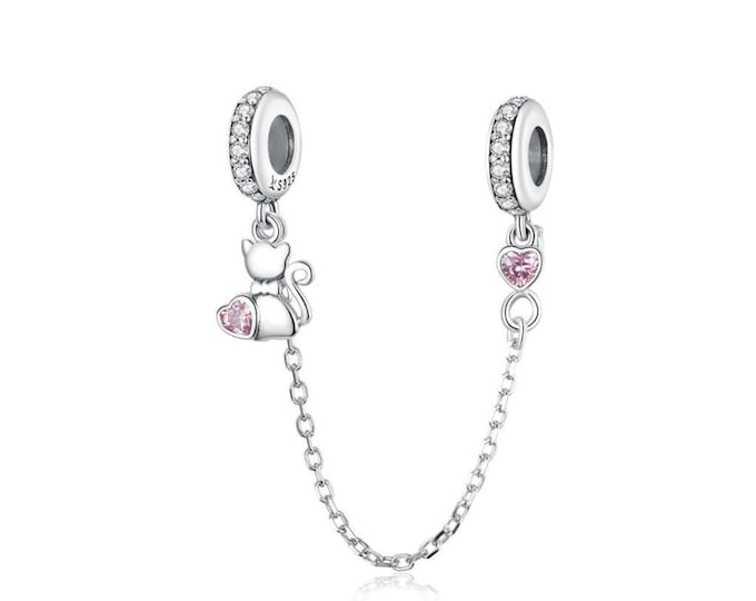 Pet Cat Heart Safety Chain bead charm for women jewelry bracelet S925 Sterling Silver friend birthday gifts, mother, daughter, niece ,mom