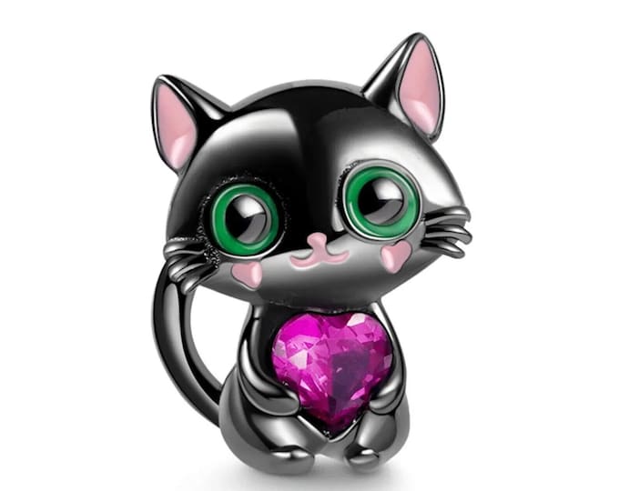 Black Cat Pendant with pink heart CZ bead Dangle charm for women bracelet S925 Sterling Silver Gifts For Women / friend birthday Gifts