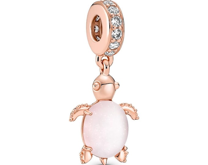 Pink Rose gold Murano glass Turtle dangle charm for women bracelet Sterling Silver friend birthday, fits snake bracelet, Christmas charm