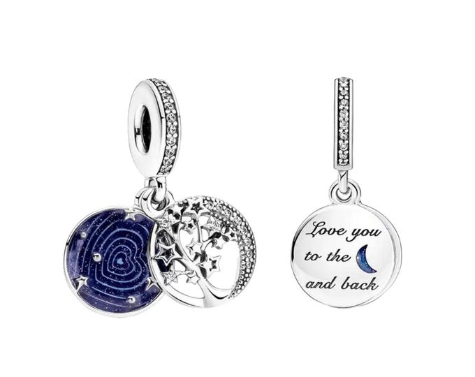 New Double Dangle Tree & Galaxy Moon dangle Charm Christmas Occasions bead for women bracelet S925 Sterling Silver, friend birthday Gifts