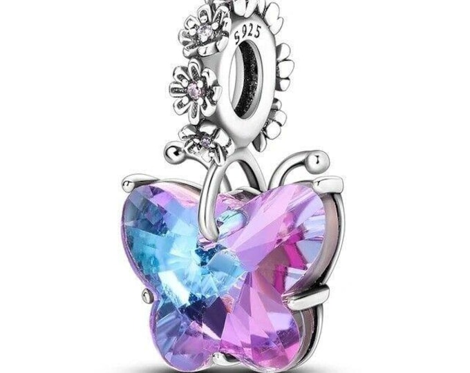Purple Murano Glass Butterfly dangle charm for women bracelet S925 Sterling Silver Gifts For Women, friend birthday fits snake bracelet