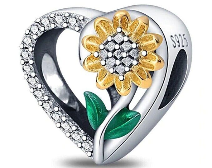 Family heart Sunflower sunshine bead dangle charm for women bracelet S925 Sterling Silver, friend birthday gifts, Christmas charm gift