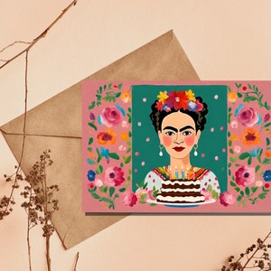 Afdrukbare gelukkige verjaardagskaart Frida-stijl | Frida zegt gefeliciteerd met je verjaardag | Afdrukbare kaart | Directe download