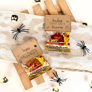 Op de afbeelding: Een feestelijke Halloween-opstelling met zakjes gummy snoepjes, decoratieve spinnen en lichtslingers met katvormige ornamenten. Twee kleine bruine kaarten lezen "happy HALLOWEEN" en "süßes sonst gibt's saures".