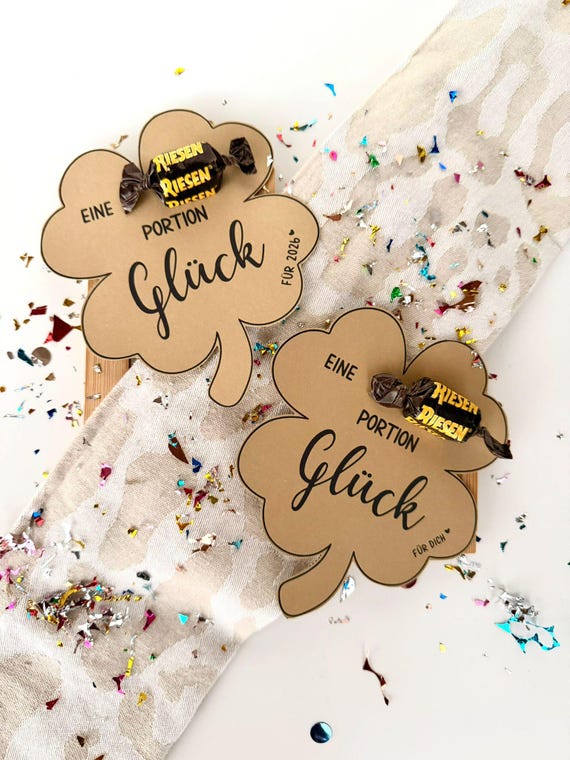 Druckvorlage Kleeblatt Silvesteridee, Vorlage zum Drucken Silvesteridee, Mitbringsel Silvester Glücksbringer 2025 Bastelvorlage PDF drucken
