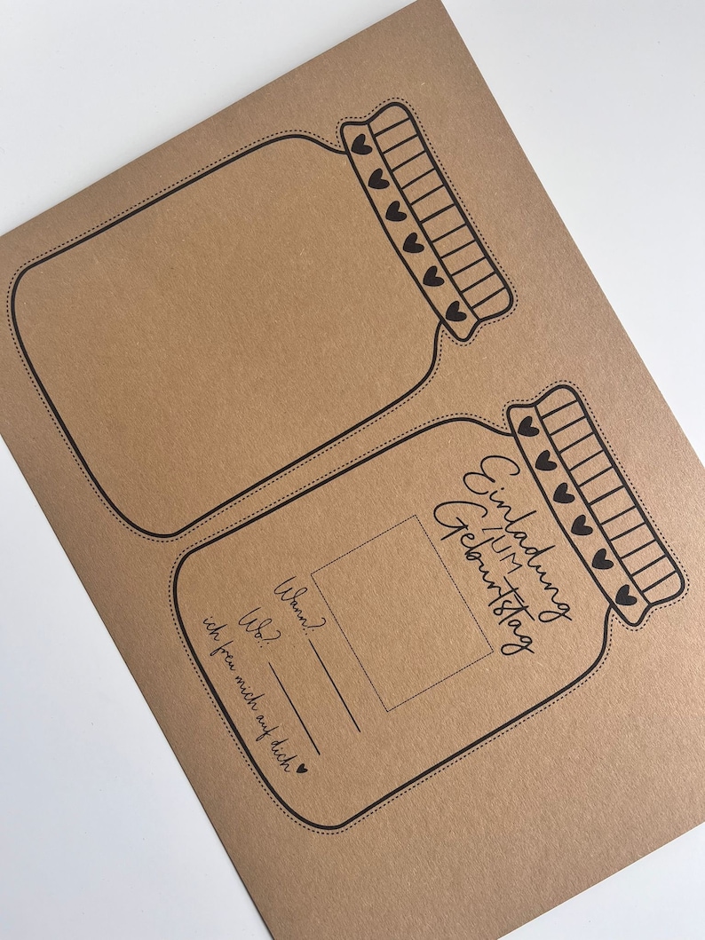 May include: A brown cardstock invitation with a jar design. The text reads "Einladung zum Geburtstag" which translates to "Invitation to a birthday". The card has space to fill in the details of the event, such as the date, time, and location.