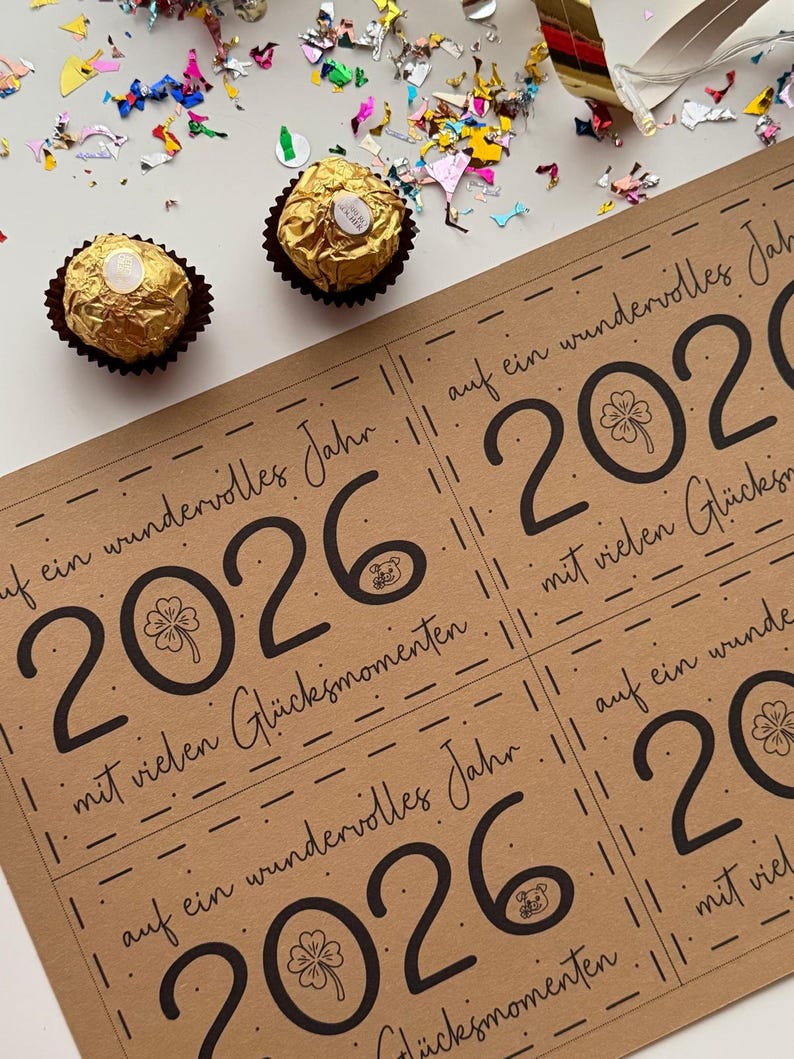 May include: A kraft paper card with the year 2026 printed in black, along with the phrase "auf ein wundervolles Jahr" and "mit vielen Gl&uuml;cksmomenten". Two gold-wrapped chocolate candies and colorful confetti are scattered around the card.