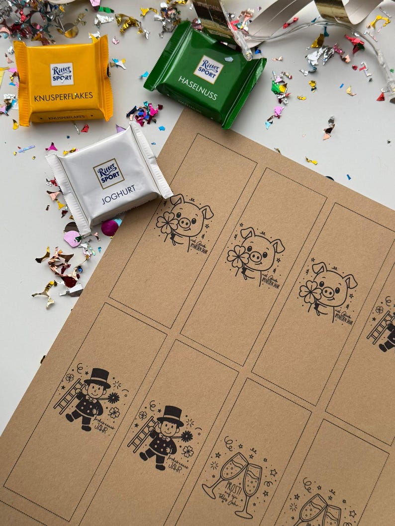 May include: An overhead shot features three Ritter Sport chocolate bars in yellow, green, and white packaging, alongside a sheet of brown paper with printed illustrations. The paper has images of pigs, chimney sweeps, and champagne glasses. Confetti is scattered around the scene.