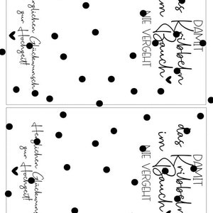 May include: Two white cards with black polka dots and the text "DAMIT das Kribbeln im Bauch NIE VERGEHT" and "Herzlichen Gl&uuml;ckwunsch zur Hochzeit!"