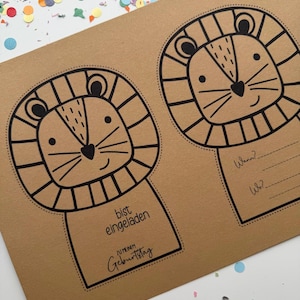 May include: Two kraft paper birthday invitations featuring a cartoon lion design in black ink. The invitations have space to write the date and location. One invitation has the text "bist eingeladen zu meinem Geburtstag".
