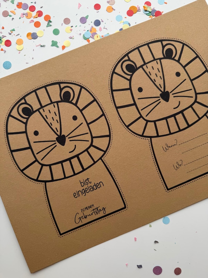 May include: Two kraft paper birthday invitations featuring a cartoon lion design in black ink. The invitations have space to write the date and location. One invitation has the text "bist eingeladen zu meinem Geburtstag".