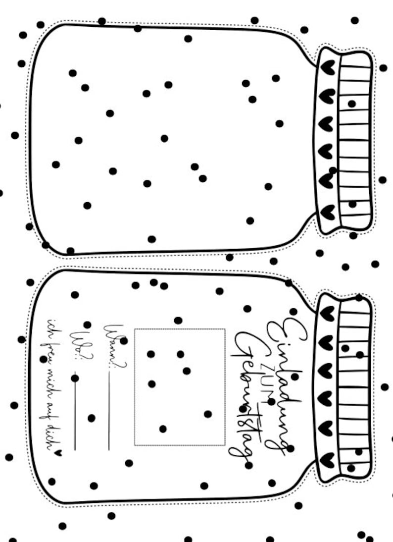 May include: A printable birthday invitation template in the shape of a jar with a black and white design. The text on the invitation reads "Einladung zum Geburtstag" which translates to "Invitation to Birthday".