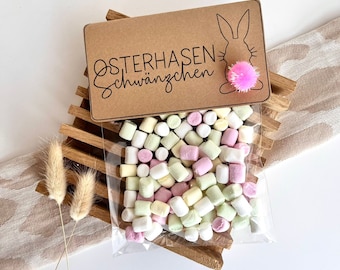 May include: A small brown paper bag with a pink pom-pom bunny and the text "Osterhasen Schwänzchen" on it. The bag is filled with pastel-colored mini marshmallows.