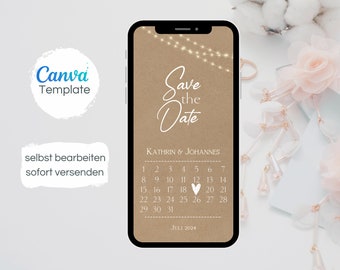 Personalizable digital save the date template for your wedding | Kraft paper fairy lights & calendar sheet | Sending via WhatsApp