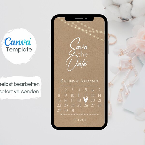 Personalisierbare digitale Save the Date Vorlage für deine Hochzeit | Kraftpapier Lichterkette & Kalenderblatt | Versand per WhatsApp