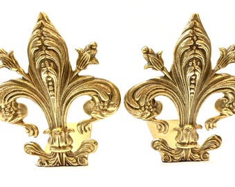 May include: Two ornate, gold-colored fleur-de-lis decorative objects. Each features a detailed, stylized floral design with intricate patterns and a textured finish. The objects are likely made of metal and are set against a white background.