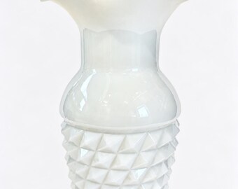 Vintage White Milk Glass Vase, Ruffled Fan Rim, Raised Diamond Pattern, Sculptural Home Decor