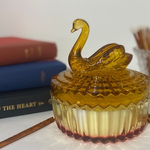 Vintage Jeanette Amber Glass Candle with Swan Lid