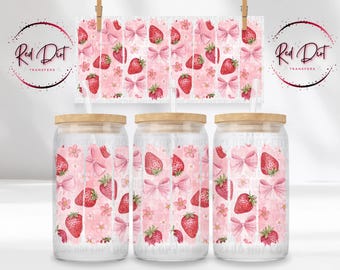 Strawberry Bows UV DTF Transfer | Pink Strawberry Cup Wrap | Coquette Aesthetic Glass Can Wrap | Libbey 16 oz Wrap