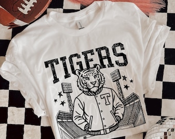Tigers Letterman Mascot T-Shirt | Trendy School Spirit Shirt | Fast Shipping | Super Soft Shirts for Men/Women/Kid's
