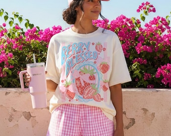 Berry Blessed DTF Transfer | Strawberry Coquette Bow Design | Trendy Mama Shirt Transfer | Summer Fruit Graphic